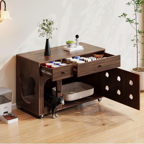 Mobile per lettiera per gatto con cassetti, 100 x 45 x 66 cm, noce HAVRYA (1/5)