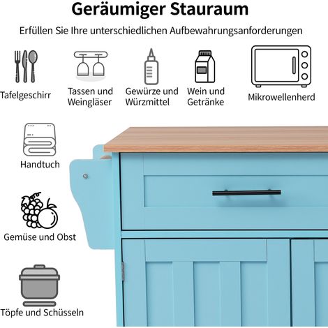Buffet roulant 129x46(71)x91,5 cm, plan de travail en bois massif veiné, meuble bleu avec rabat, rangement à porte, roulettes et pieds en bois, convertible, idéal pour la maison. (1/5)