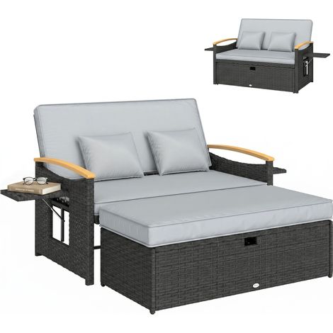 Outsunny Double Garden Rattan Daybed with Storage Ottoman, Dark Grey (1/5)