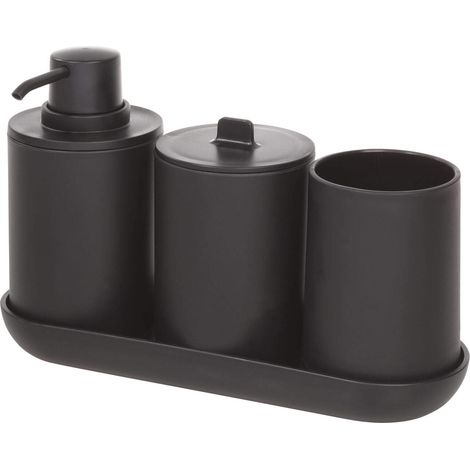 iDesign Cade accessori bagno, Set da 4 in plastica composto da dispenser sapone, portaspazzolini, contenitore cotone e vassoio, nero, 24,5 cm x 8,9 cm x 16,2 cm (1/5)