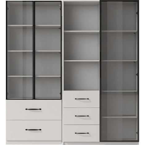 Vetrina LED bianca 140 x 40 x 160 cm con ripiani, cassetti e ante in vetro (1/5)