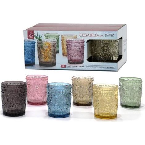 Trade Shop - Set 6 Gafas De Colores De 300 Ml En Vidrio Para Agua Y Vino De Vino - (1/5)