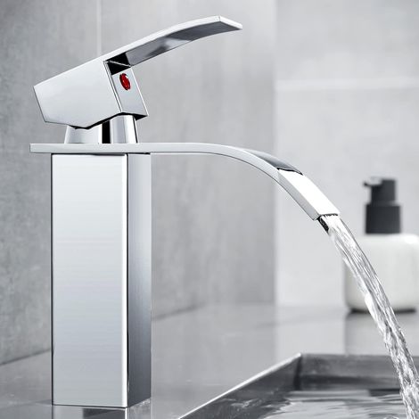 Mitigeur de lavabo cascade à bec large, robinet de vasque à poser, cartouche céramique, finition chromée (1/3)