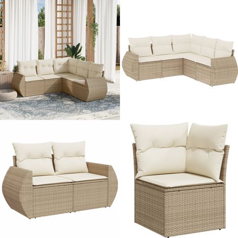 5-tlg. Garten-Sofagarnitur mit Kissen Beige Poly Rattan - Gartensortiment - Gartenmöbelset - Lounge Set - Outdoor Furniture - Rattan Gartenmöbel - Home & Living (1/5)