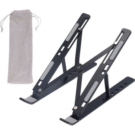 Support portable pour ordinateur portable réglable et pliable en alliage d'aluminium, avec sac de rangement noir, idéal pour refroidissement et positionnement ergonomique. (1/5)