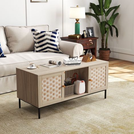 Couchtisch mit Furnier-Weboptik, rechteckiger Holztisch mit 4 Schubladen, Wohnzimmertisch (1/5)