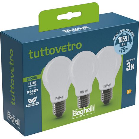 BEGHELLI LED GOCCIA E27  8W 58052 FREDDA 6500K 3 PZ Q.TA 10