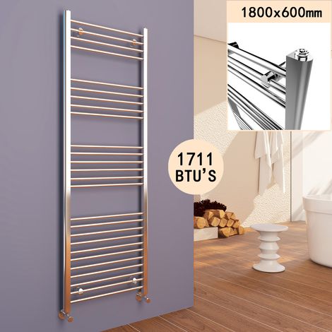 ELEGANT 1800 x 600 mm Chrome Efficient Rads Straight Towel Rail Radiator Bathroom Heated + Chrome Thermostatic Radiator Valves (1/5)