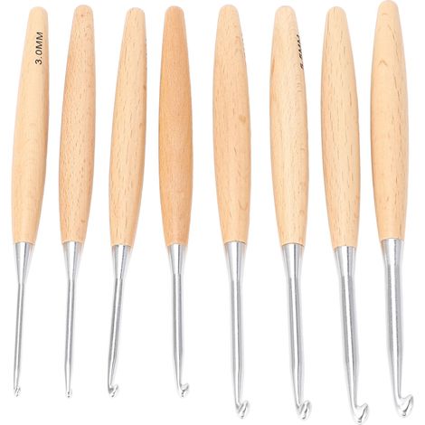 Set di 8 uncinetti in legno, con manico grande in legno di faggio, ideali per lavorare a maglia maglioni, da 3,0 mm a 6,5 mm. (1/5)