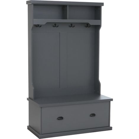 [JAMAIS UTILISÉ] Portemanteau HHG-671, portemanteau d'entrée en bois avec banc, 4 crochets, compartiment de rangement, plateau en mélaminé, 163 x 100 x 47 cm, gris foncé