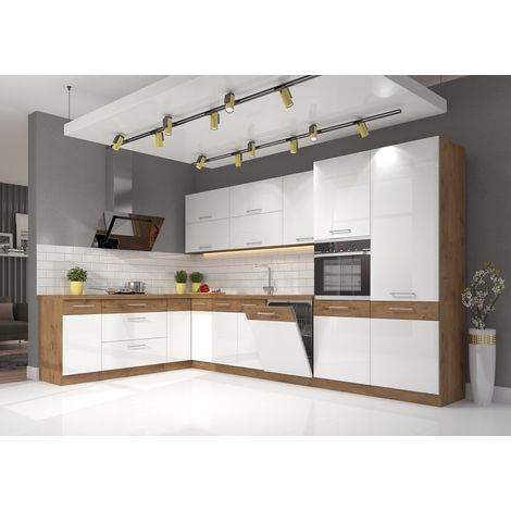 Azura Home Design – Ensemble cuisine en L VIGO 210x350 cm – Chêne lancelot et blanc brillant – Tiroirs avec fermeture douce SOFT CLOSE – Installation professionnelle recommandée