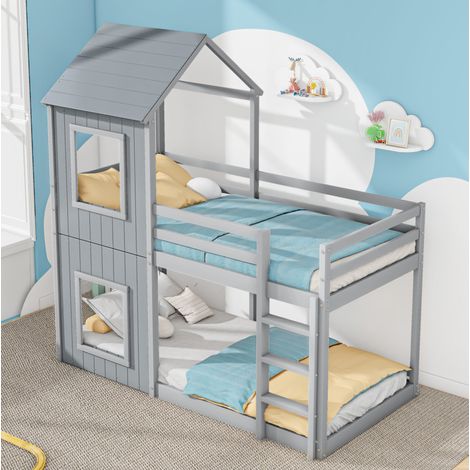 Letto a castello per bambini 90 x 200 cm in pino e MDF, con scala e tetto, grigio HAVRYA (1/5)