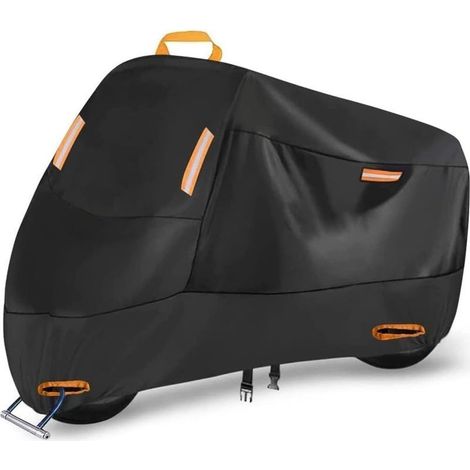 Housse de moto imperméable et résistante avec 4 bandes réfléchissantes, boucle coupe-vent et trou de serrure antivol pour une utilisation extérieure sécurisée (L 220 x 95 x 110 cm)