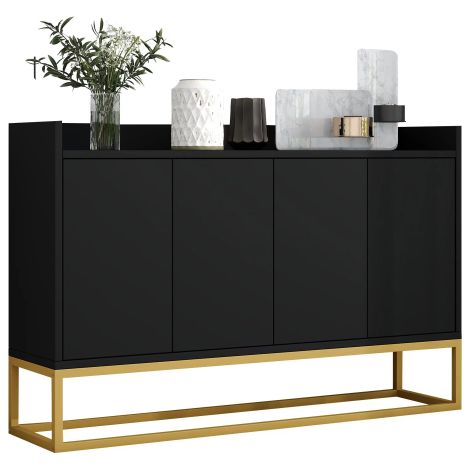 Buffet moderne de style minimaliste 4 portes sans poignées pour salle à manger, salon, cuisine (noir) (1/5)