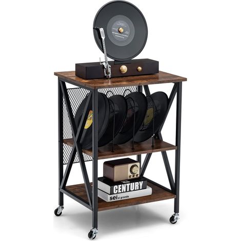 3-tier Rolling Turntable Stand Industrial Record Storage Holder Display Shelf