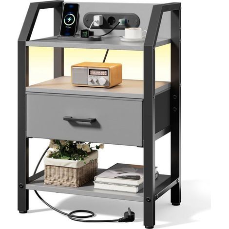 EcoFurnix Nightstands with Outlets & USB Ports, Night Table with LED, Accent Table with Fabric Drawers & 2 Shelves - Gray