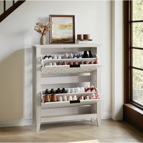 Zapatero MDF blanco retro 80 cm con 2 cajones abatibles y separadores ajustables (1/5)