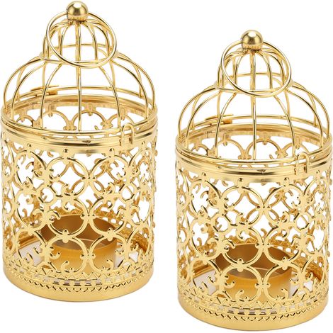 2 Stück Kerzenhalter in Vogelkäfigform, Vintage, exquisit und elegant, mit durchbrochenem Muster, Metall, Gold, für Partydekoration (1/5)