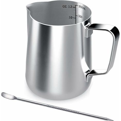 RHG Pot à lait en acier inoxydable, 350ml à main levée Café Pot à lait Lait Pichet Pichet Tasse avec mesure Mark et Latte Art Pen, Milk pitcher carafes pour la création Barista Cappuccino Espresso (1/5)