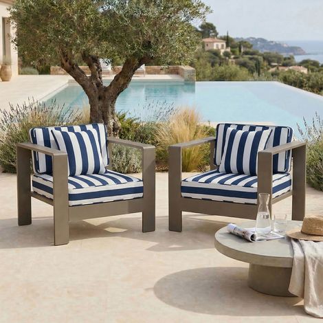 Lot de fauteuils de jardin en alu taupe et housse à rayures bleues