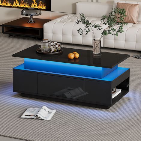 Table basse relevable LED noire, rangement caché, tiroir (1/5)