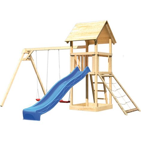 Akubi Lotti Satteldach natur Rutsche blau+DS+Netzrampe