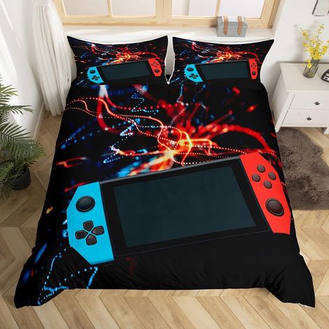 Parure de Lit 220x240cm Garçons Moderne Jeu Vidéo Gamepad Parure Housse de Couette pour Enfants Gamer Console Housse de Couette Bleu Rouge Décor de Chambre 3Pcs Avec 2 Taie d'oreiller