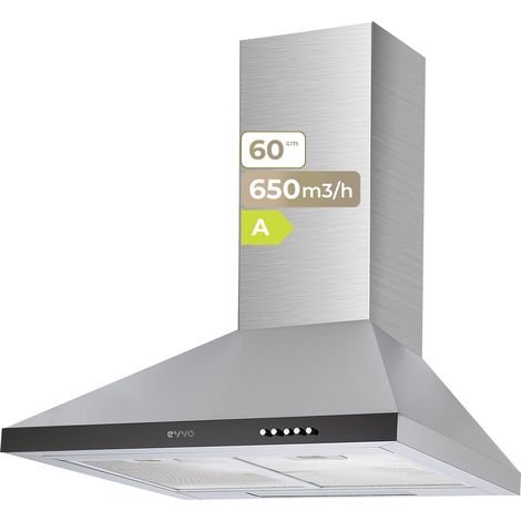 Campana Extractora EVVO CE21 Pyramid, 60 cm, Inox, 650 m³/h, 3 Velocidades, Energía A