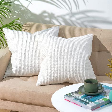 Lntyq Kissenbezug aus gewebtem Waffelmuster aus 100 % Baumwolle, 45 x 45 cm, 2er-Set, elegante quadratische Kissenbezüge als Heimdekoration für das Schlafsofa, weiß (1/5)