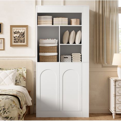 Armadio multifunzione alto bianco con ripiani a giorno e 2 ante, 85 x 35 x 180 cm, OKWISH (1/5)