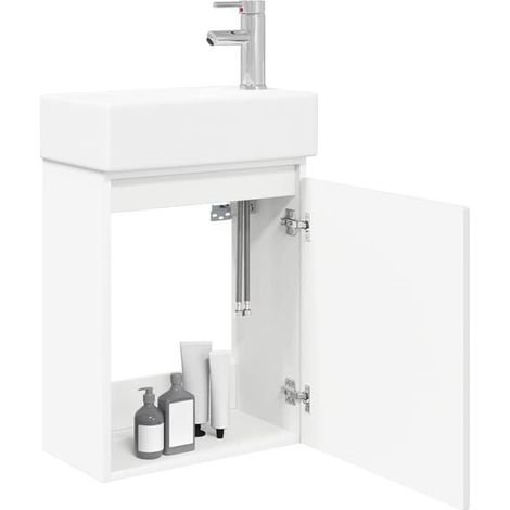 Meuble Salle de Bain avec Mitigeur, Blanc, 45.5 x 25.5 x 84 cm (1/5)