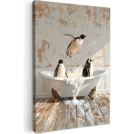 CUADRO EN LIENZO Vintage - Pingüino - Bañera - Espuma Lienzo Para Dormitorios 60x90 cm