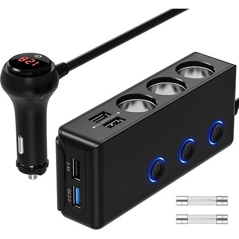 Cargador de coche de 120 W con adaptador para encendedor de cigarrillos, 3 salidas múltiples de CC 12 V/24 V, divisor de cable de carga con interruptor y 4 puertos USB para teléfono móvil, GPS, cámara (1/5)