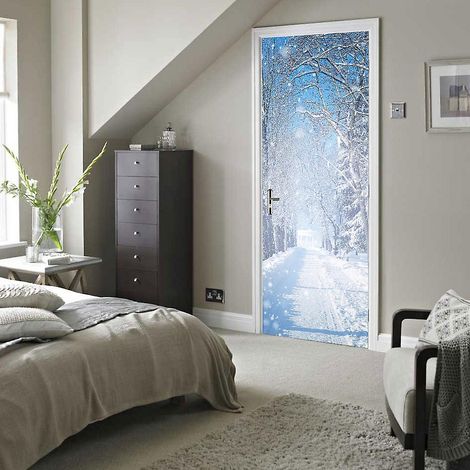 Sticker mural trompe-l'œil 3D « Paysage d'hiver enneigé » 77 x 200 cm pour la décoration du salon, de la cuisine, de la chambre et de la salle de bain. (1/5)