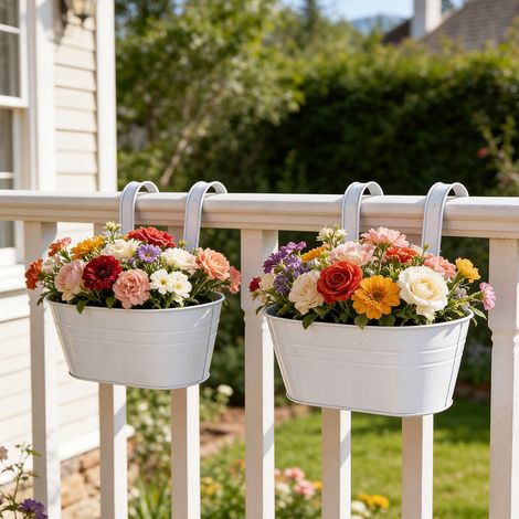 Pot suspendu ovale en métal blanc pour balcon Cache-pot à accrocher sur rampe pour succulentes Décoration florale pour intérieur et balcon (1/5)