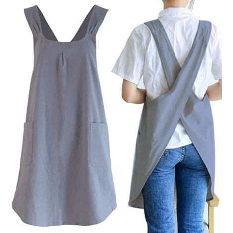 Japanische einfache Schürze für Damen und Herren, Baumwolle Leinen verstellbare Träger große Tasche Koch Backen Gartenarbeit Arbeitskleidung, Dunkelgrau für Damen (1/5)