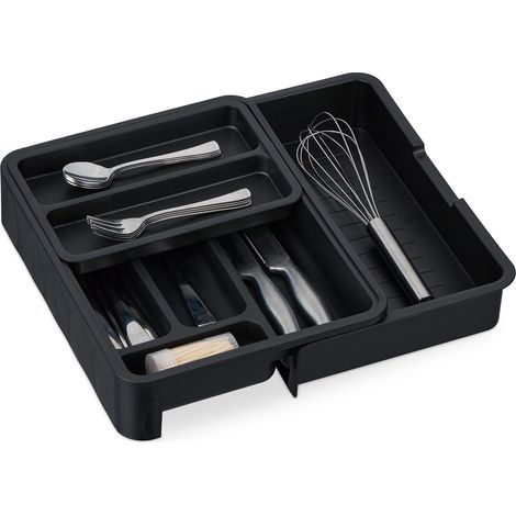 Bac à Couverts Extensible, Bambou, H x L x P : 6,5 x 23,5-40 x 31,5 cm, 7 Compartiments, en Plastique, Noir (1/5)