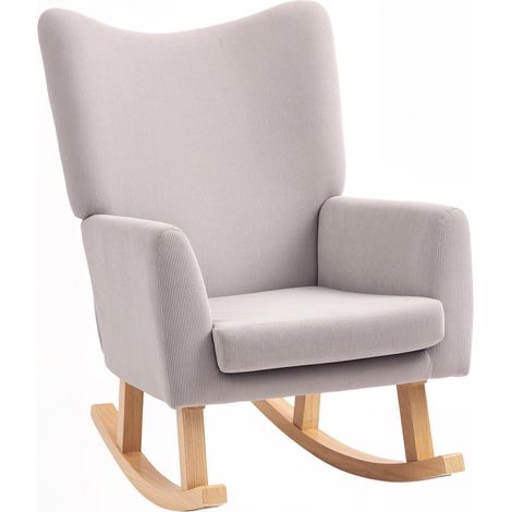 Fauteuil à bascule de style rétro, revêtement en velours côtelé, bois d'hévéa, rembourrage en mousse, dossier haut, fauteuil rembourré, gris clair (1/5)
