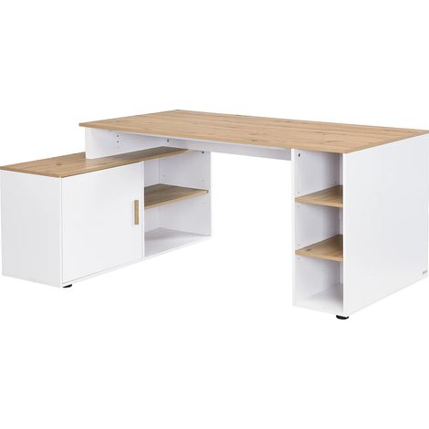 Scrivania angolare con scomparti MDF Bianco e Naturale - ROMIARA