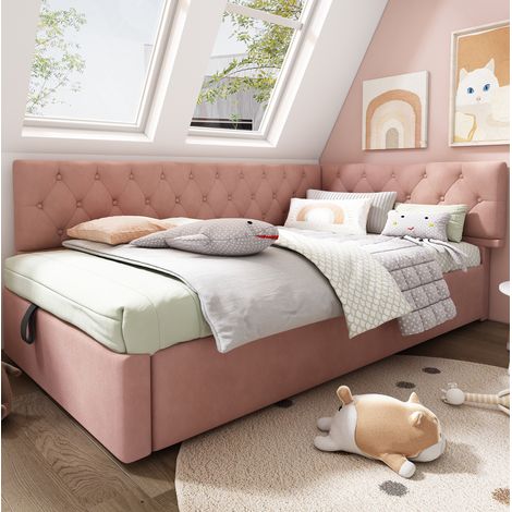 Lit banquette en velours rose 90x200 cm avec rangement hydraulique et sommier à lattes (1/5)