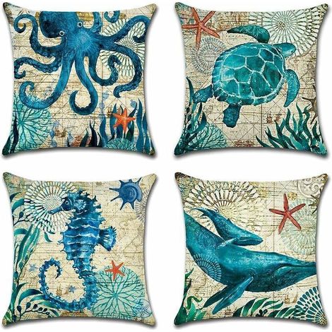 Extérieur Housse de Coussin, Lot de 4 Imperméable La Vie Marine Bleue Motif Canapé Taie d'oreiller pour Patio Jardin Salon Chambre Décoration, 45x45cm (1/5)