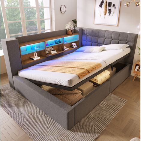 MEUBLIV Bettgestell 140x200 cm Grau – LED-Stauraum mit Matratze (1/5)