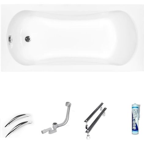 ECOLAM Baignoire rectangle Aria 130x70 cm  2x poignées en argent brillant  pieds siphon et silicone  Baignoire acrylique blanc  Raccord de vidange d'Alcaplast  (1/5)