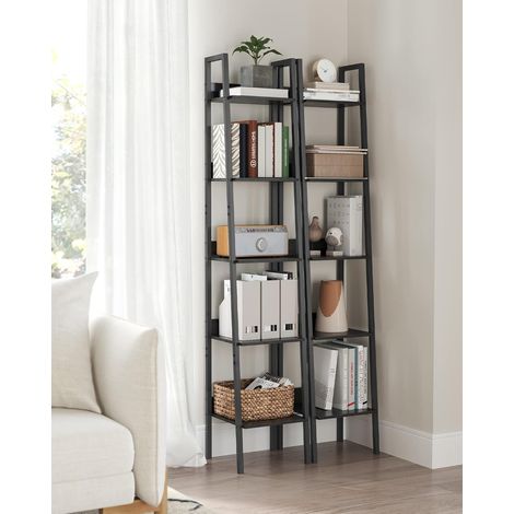 Vasagle – Bibliothèque échelle 5 niveaux – Panneau d’aggloméré et acier – Dimensions 30x33,8x170 cm – Noir boisé et noir – Kit anti-basculement inclus