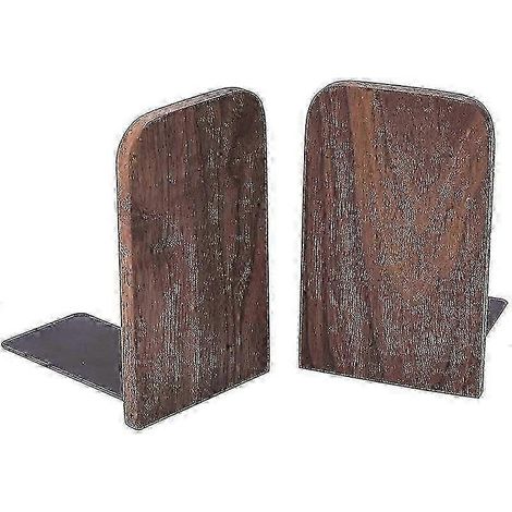 Lot de 2 serre-livres en bois avec base en métal, robustes, en noyer noir, avec picots antidérapants. (1/5)