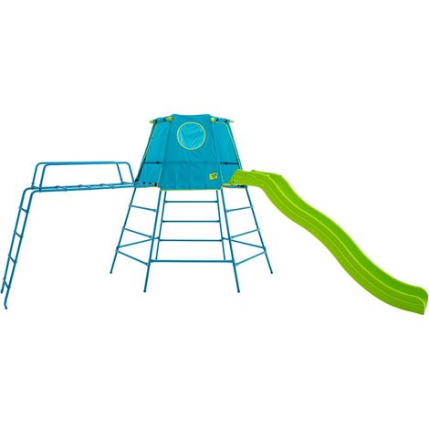 Tp Toys – Aire de jeux métal explorer tour bleu – hublot – pont de singe – toboggan 220 cm – kit d'ancrage – hauteur 201 cm – pour 1 à 4 enfants