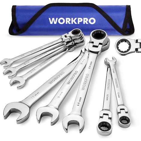 Workpro – Clé mixte à cliquet 8 pièces en Cr-V – 72 dents pour espaces confinés – Sac de rangement inclus – Tailles 9-17mm pour mécanique