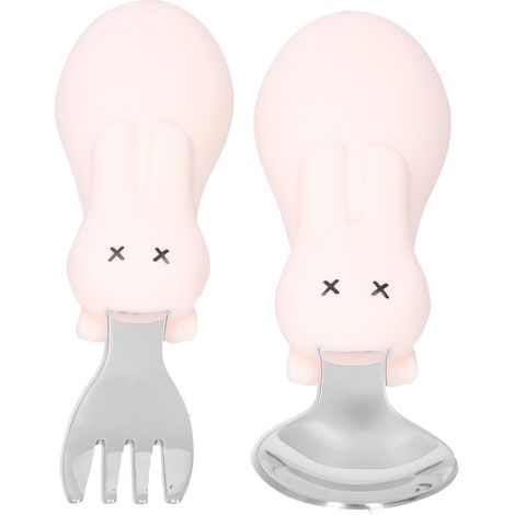 Ensemble de Cuillères et Fourchettes Bébé en Acier Inoxydable, Ustensiles de Repas pour Enfant, Set de Couverts Beige (1/5)