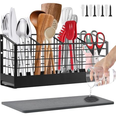 - Küchenutensilien-Aufbewahrungsregal, zur Montage auf der Arbeitsplatte oder an der Wand, 4 Ablagen, Geschirrablage mit großem Fassungsvermögen, Kieselsteinsockel, schwarz. (1/5)