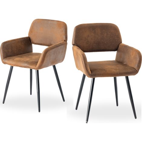 URBAN MEUBLE Lot de 2 chaises de bureau vintage en daim marron rétro, pieds en métal noir (1/5)